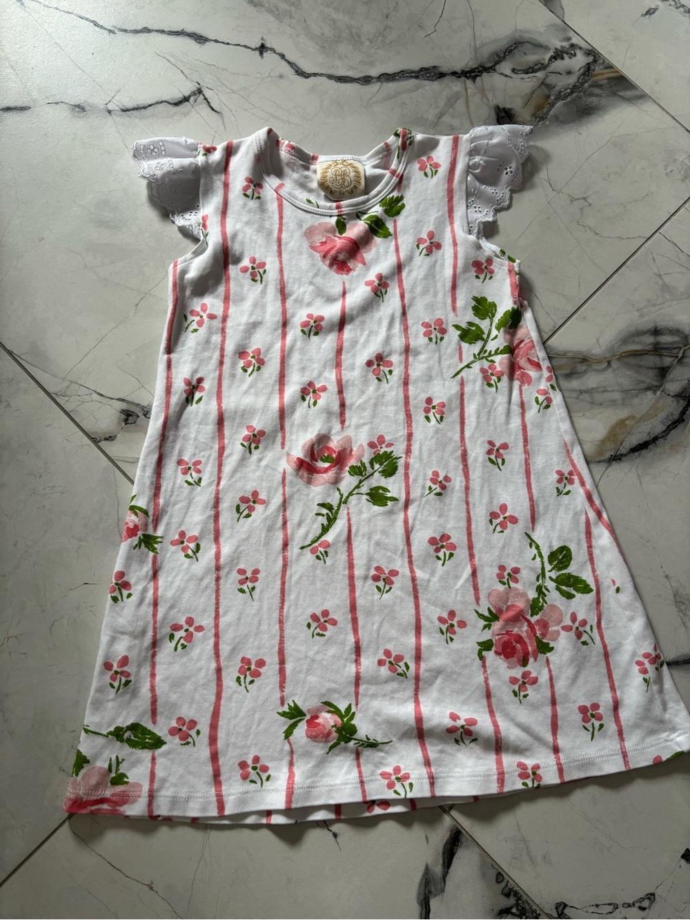 The Beaufort Bonnet Company White Dress with Pink Floral Stripes